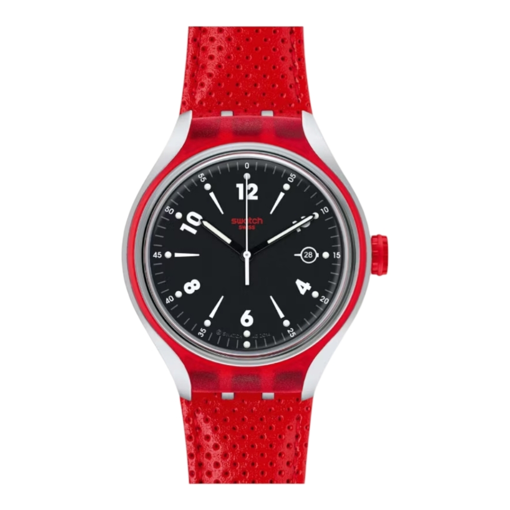 SWATCH GO JUMP X-lite Aluminum Red Perforated Leather Watch -Brand New